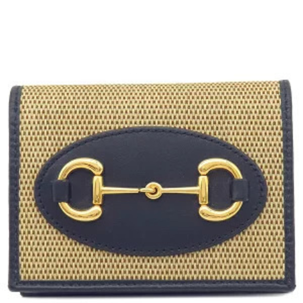 Gucci Bi fold Wallet Horsebit Wallet Leather Beige Cream x Navy Blue Compact